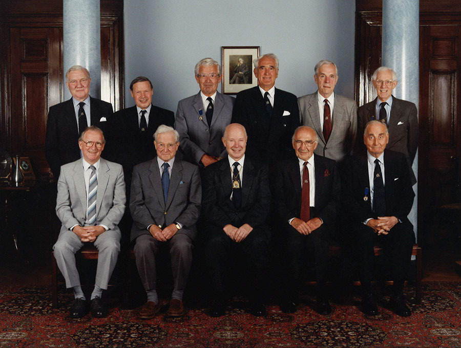 Photograph of Past Presidents of the College.

Standing: James McArthur, Arthur Kennedy, Sir Thomas Thomson, Sir Donald Campbell, Mr Ian McGregor, Dr Gavin Shaw.

Front row: Dr Robert Hume, Professor Edward McGirr, Professor Norman MacKay, Sir Andrew Watt Kay, Sir Ferguson Anderson.