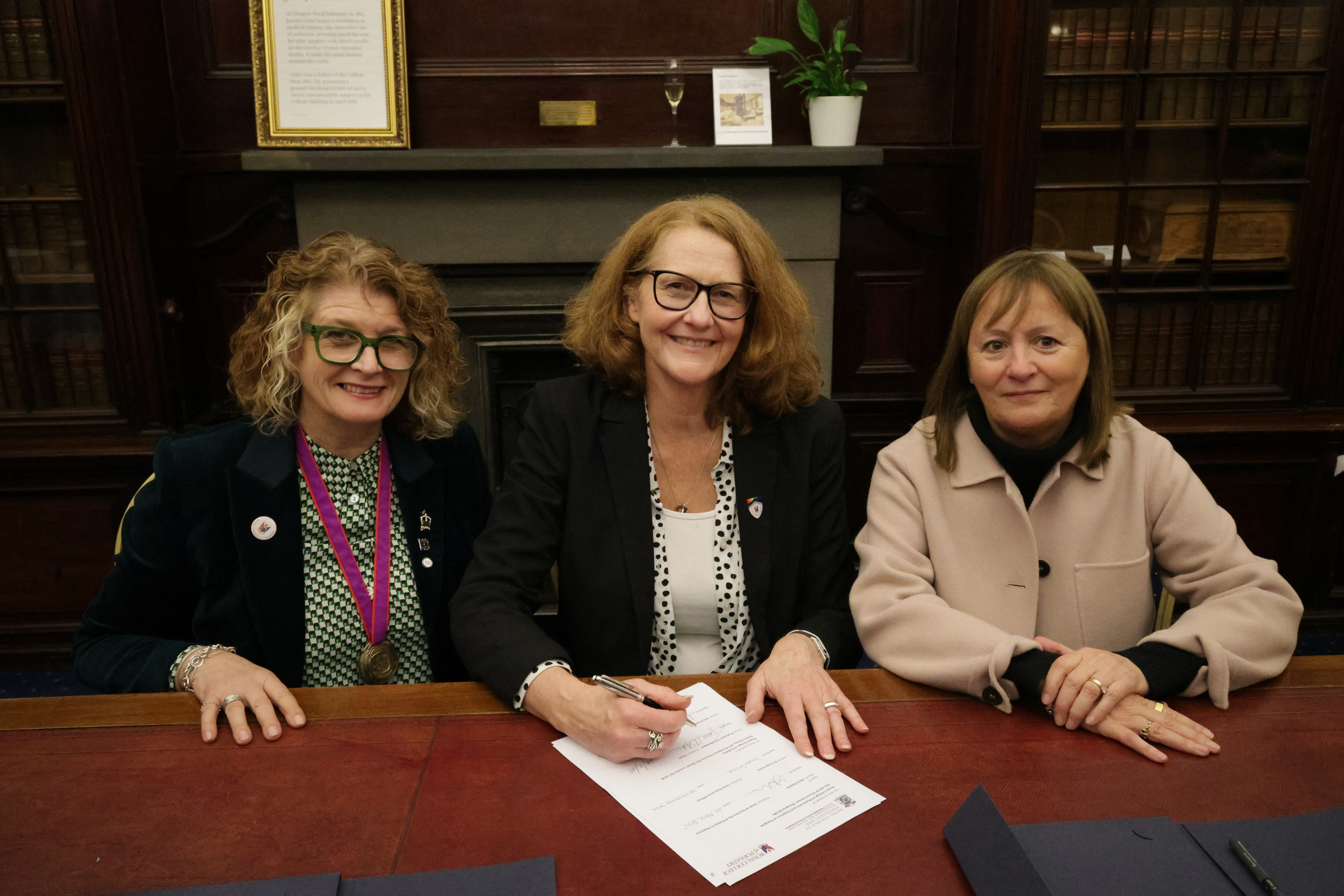 Signing of Memorandum of Understanding. From left to right: Jayne Robbie, Dean of the Faculty of Podiatric Medicine at the Royal College of Physicians and Surgeons of Glasgow, Professor Jane McAdam, Chair of the Royal College of Podiatry Council, and Jane Pritchard CEO at the Royal College of Podiatry.