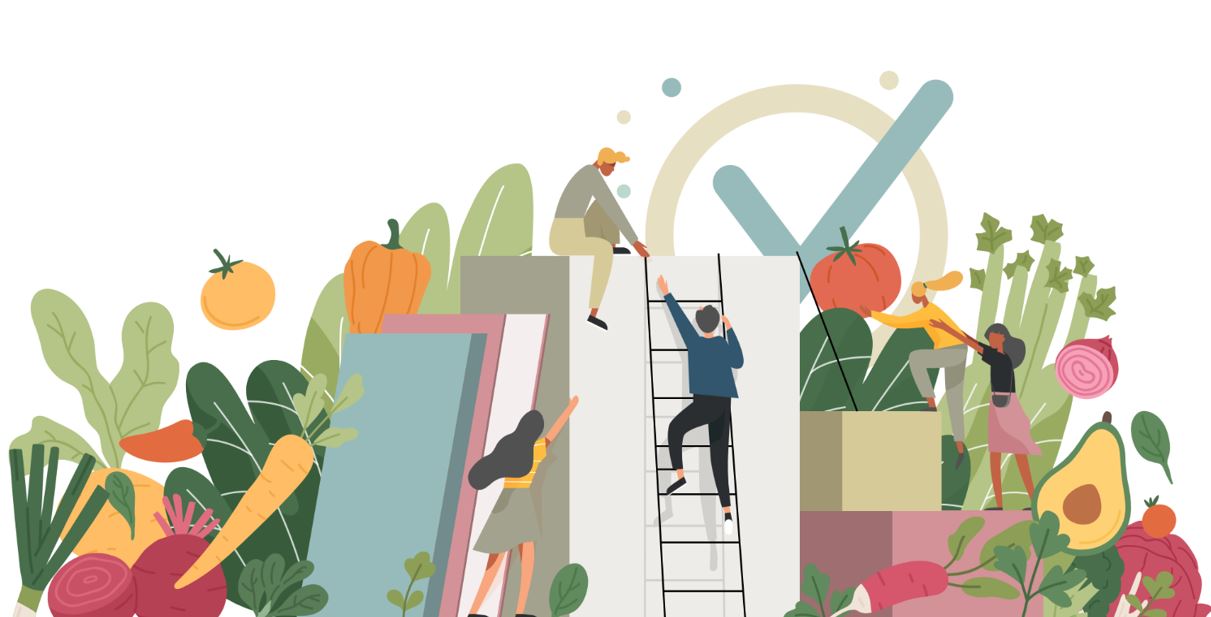 Illustration of people with fruit and vegetables 